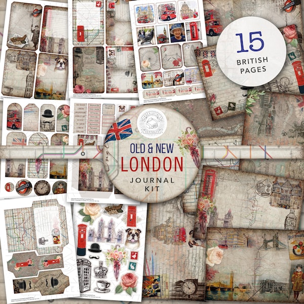 Old & New London Junk Journal Printable Kit: Digital Download, Vintage, Grunge, Postcards, Envelopes, Pockets, Tags, Ephemera, British, A4