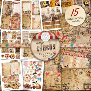 Kit imprimable vintage Circus Junk Journal : téléchargement numérique, fête foraine, supports, cartes postales, enveloppes, pochettes, étiquettes, éphémères, A4