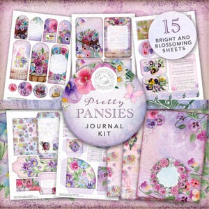 Pretty Pansies Junk Journal Kit stampabile: download digitale, Pansy, pagine, carte di supporto, cartoline, buste, tasche, etichette, effimere, A4