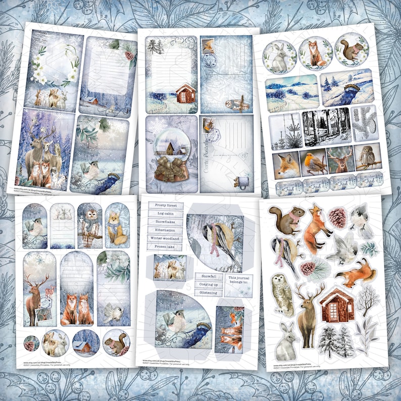Woodland Winter Junk Journal Printable Kit: Digital Download, Backing Papers, Postcards, Envelopes, Winter, Animals, Tags, Ephemera, A4 image 2