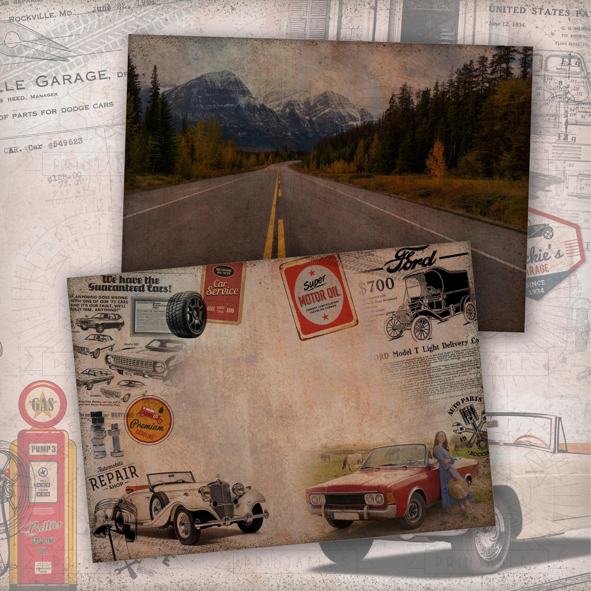 Journal Sticker Cars Vintage Motors Junk Journal Kit: Cars, Highway Ephemera (digital ...