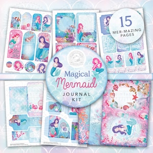 Kit imprimible de diario basura de sirena mágica: descarga digital, fantasía, perlas, mar, conchas, playa, niñas, sobres, etiquetas, material efímero, A4