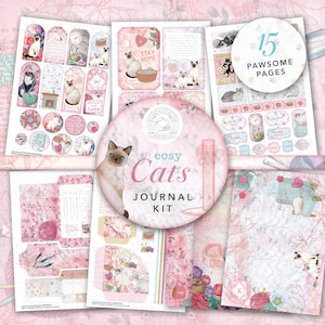 Kit imprimable de journal indésirable Cosy Cats : téléchargement numérique, animaux de compagnie, rose, papiers, cartes postales, enveloppes, étiquettes, éphémères, laine, scrapbooking A4