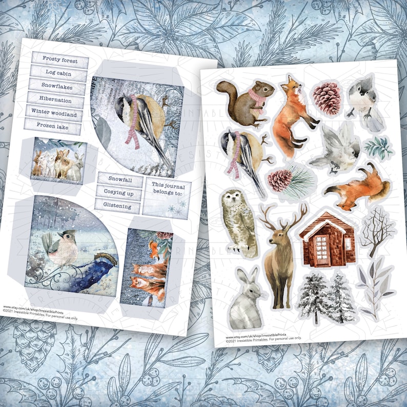 Woodland Winter Junk Journal Printable Kit: Digital Download, Backing Papers, Postcards, Envelopes, Winter, Animals, Tags, Ephemera, A4 image 6