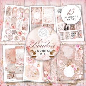 Kit para impressão do diário vintage francês Boudoir Junk Journal: download digital, renda, rosa, cartões postais, envelopes, bolsos, etiquetas, coisas efêmeras, surradas, A4