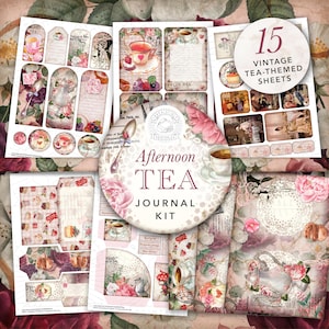 Vintage Afternoon Tea Junk Journal afdrukbare Kit: Digitale download, Antiek, Theepot, China, Enveloppen, Zakken, Tags, Ephemera, Shabby, A4