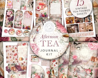 May include: A digital printable journal kit with 15 vintage tea-themed sheets. The kit features a pink and white floral design with teacups, teapots, and other tea-related imagery. The text "Afternoon Tea Journal Kit" is featured in a circle.