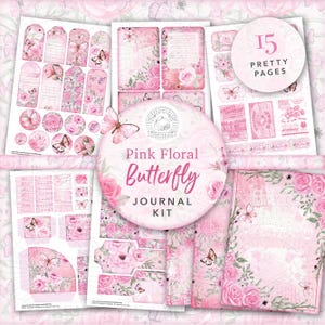 Pinker Schmetterling Junk Journal Printable Kit: Digitaler Download, Rosen, Rückseitenpapier, Postkarten, Umschläge, Taschen, Tags, Ephemera, A4