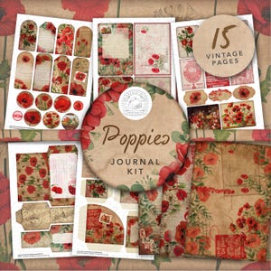 Kit para impressão do Vintage Poppies Junk Journal: download digital, papoula, papéis de apoio, cartões postais, envelopes, bolsos, etiquetas, coisas efêmeras, A4