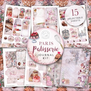 Vintage Paris Patisserie Junk Journal afdrukbare kit: digitale download, bakkerij, Frans, cake, dessert, enveloppen, zakken, tags, kortstondige, A4