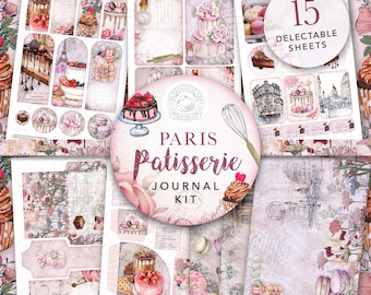 May include: A digital scrapbooking kit with 15 printable sheets featuring a Parisian patisserie theme. The kit includes images of pastries, cakes, and other sweet treats, as well as decorative elements like flowers, ribbons, and vintage-style text.