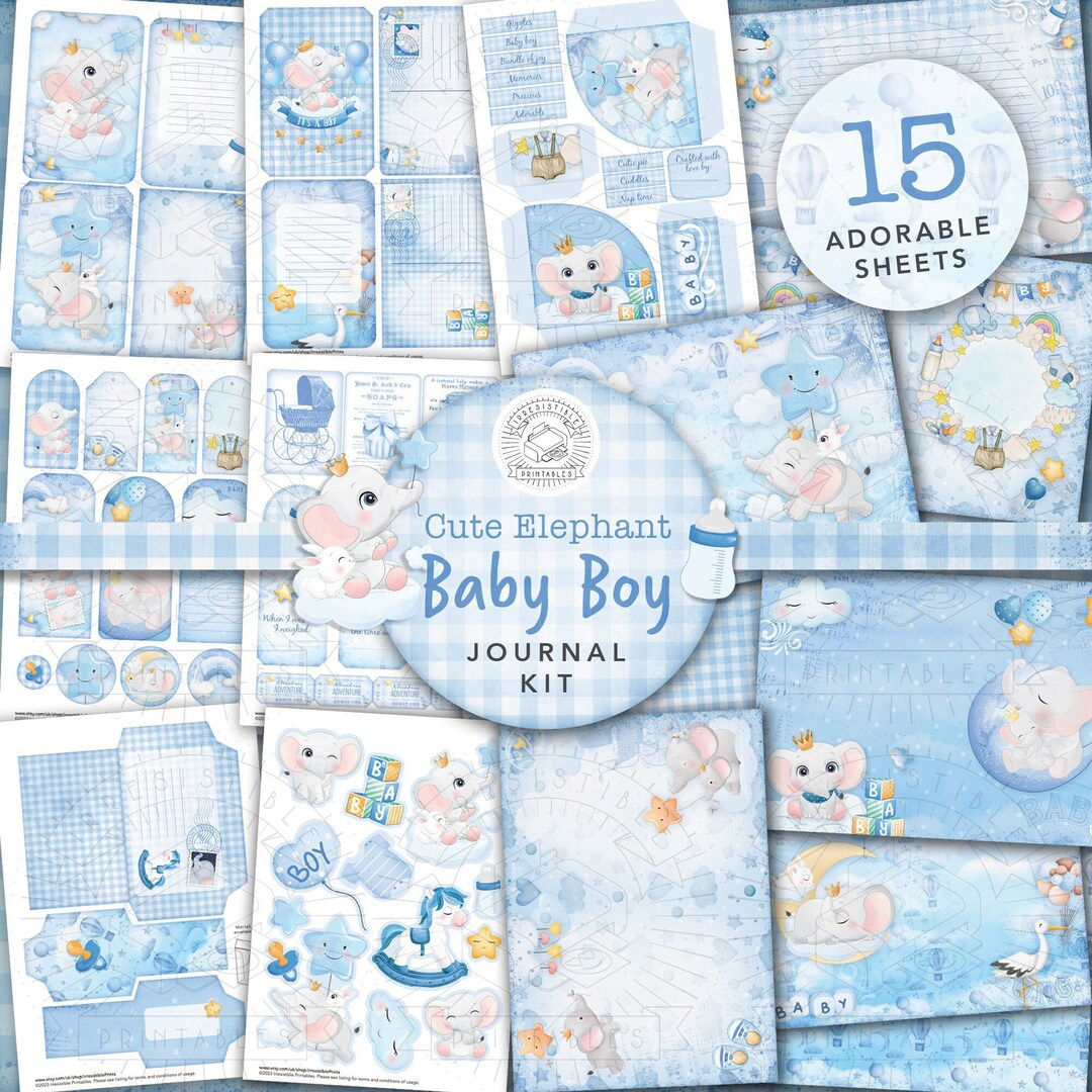 Baby Boy Junk Journal Printable Kit Digital Download, Cute, Elephant