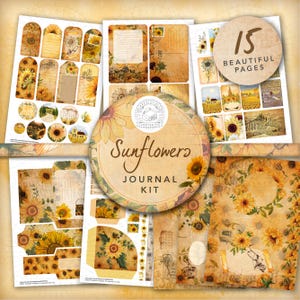 Kit imprimable vintage Junk Journal tournesols : téléchargement numérique, café, papiers de support, cartes postales, enveloppes, pochettes, étiquettes, éphémères, A4