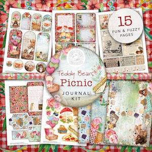 Kit imprimable de journal de pique-nique pour pique-niquer avec des ours en peluche : téléchargement numérique, ours, supports de papier, cartes postales, enveloppes, pochettes, étiquettes, éphémères, A4