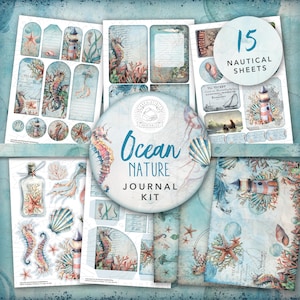 Kit stampabile Vintage Ocean Nature Junk Journal: download digitale, carte di supporto, cartoline, buste, fauna selvatica, mare, etichette, effimere, A4