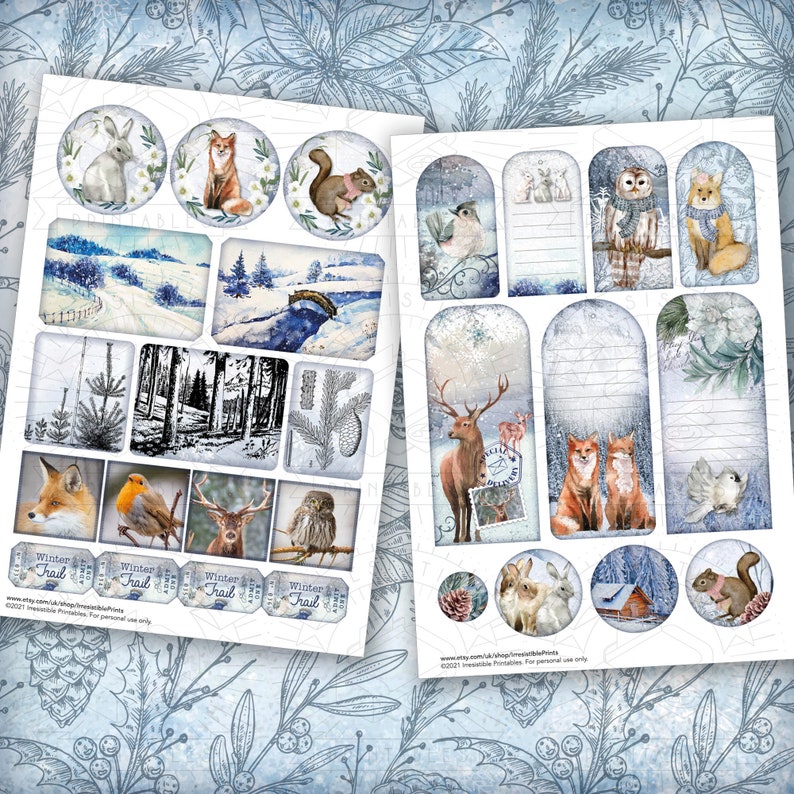 Woodland Winter Junk Journal Printable Kit: Digital Download, Backing Papers, Postcards, Envelopes, Winter, Animals, Tags, Ephemera, A4 image 5