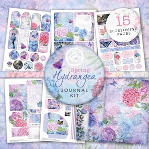 Kit stampabile diario di ortensie primaverili: download digitale, farfalle, blu, rosa, carte, cartoline, buste, etichette, effimere, A4