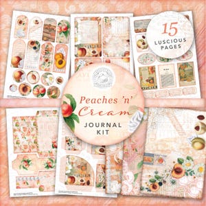 Peaches 'n' Cream Junk Journal Printable Kit: Digitaler Download, Pfirsich, Obst, Postkarten, Umschläge, Taschen, Tags, Ephemera, Spitze, A4