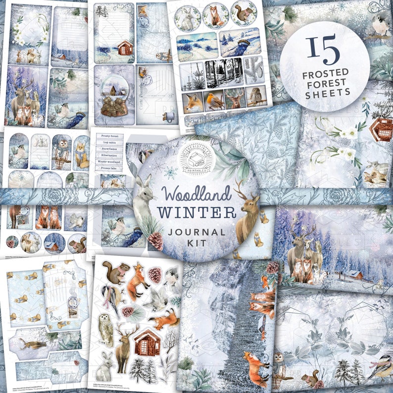 Woodland Winter Junk Journal Printable Kit: Digital Download, Backing Papers, Postcards, Envelopes, Winter, Animals, Tags, Ephemera, A4 image 1