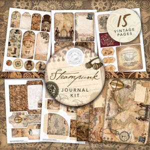 Peut inclure: Un ensemble de composants pour un kit de journal sur le thème steampunk. Le kit comprend des étiquettes, des pages et des embellissements avec des cartes vintage, des engrenages et des illustrations de l'époque victorienne. La palette de couleurs est principalement marron et beige, avec des accents sépia et crème.