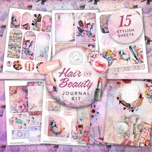 Kit imprimible de diario basura de peluquería y belleza: descarga digital, papeles, postales, sobres, peluquería, maquillaje, salón, belleza, etiquetas, material efímero, A4