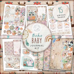 Kit imprimible de diario basura para bebé estilo boho: descarga digital, bebé, boho, grunge, postales, sobres, bolsillos, etiquetas, material efímero, shabby, A4