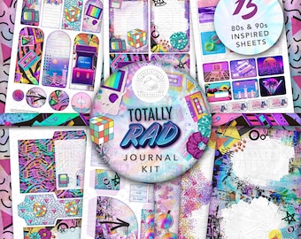 May include: A set of 15 printable journal sheets inspired by the 80s and 90s. The sheets feature a variety of retro designs, including geometric patterns, neon colours, and pixelated graphics. The title "Totally Rad Journal Kit" is featured on a circle with a Rubik's Cube.
