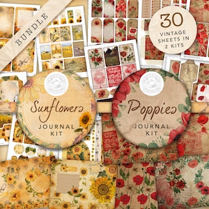Vintage Sonnenblume & Mohn Junk Journal Printable Kits Bundle: Digitaler Download, Rückseitenpapiere, Postkarten, Umschläge, Taschen, Ephemera, A4