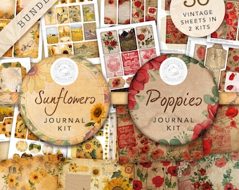 Könnte beinhalten: Ein digitales druckbares Bündel mit 30 Vintage-Journalblättern mit Sonnenblumen und Mohnblumen. Das Bündel enthält zwei Kits, eines mit Sonnenblumen und eines mit Mohnblumen. Jedes Kit enthält eine Vielzahl von Designs, darunter Blumenmuster, Vintage-Etiketten und Text.