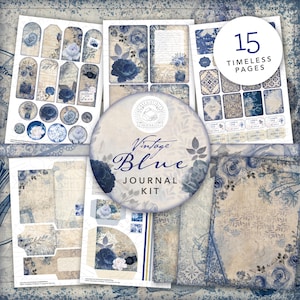 Vintage Blue Junk Journal afdrukbare kit: digitale download, kant, blauw, ansichtkaarten, enveloppen, zakken, tags, kortstondige, armoedige, antiek, A4