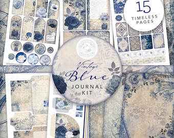 Zestaw Vintage Blue Junk Journal: Ephemera w stylu shabby chic (do pobrania w wersji cyfrowej)