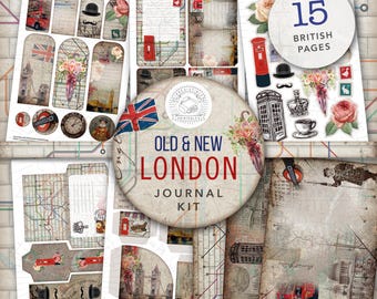 May include: A digital printable journal kit with 15 pages featuring vintage London imagery. The kit includes images of red double-decker buses, telephone booths, Big Ben, and the Union Jack flag. The kit is titled "Old & New London Journal Kit".