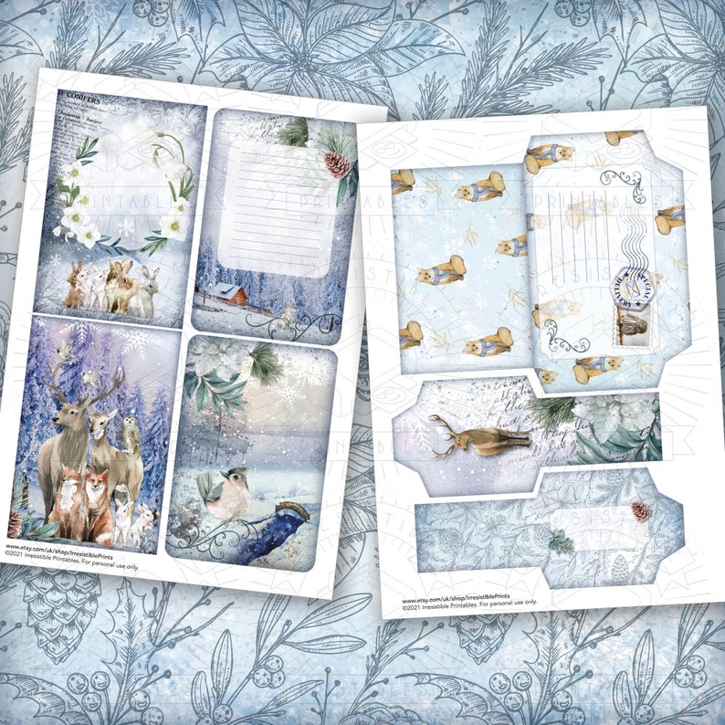 Woodland Winter Junk Journal Printable Kit: Digital Download, Backing Papers, Postcards, Envelopes, Winter, Animals, Tags, Ephemera, A4 image 4