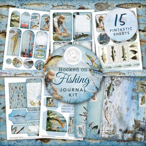 Hooked on Fishing Angling Junk Journal Kit stampabile: download digitale, carte, cartoline, buste, pesci, uomini, natura, etichette, effimeri, A4