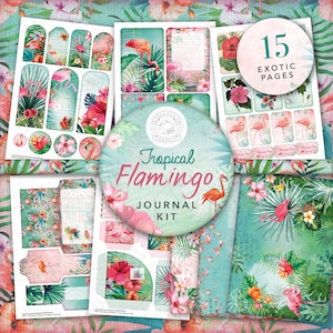 Kit imprimable Tropical Flamingo Junk Journal : téléchargement numérique, flamants roses, supports de papier, cartes postales, enveloppes, pochettes, étiquettes, éphémères, A4