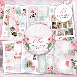 Kit imprimible de diario basura Shabby Chic: descarga digital, encaje, rosa, azul, papeles, rosas, postales, sobres, bolsillos, etiquetas, material efímero, A4