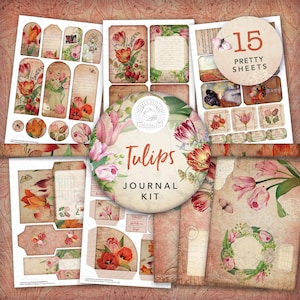 Vintage Tulips Junk Journal Printable Kit: Digital Download, Tulip, Flower, Backing Papers, Postcards, Envelopes, Pockets, Tags, Ephemera,A4