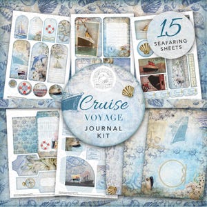 Kit imprimible de diario basura de crucero vintage: descarga digital, papeles, postales, sobres, vela, barco, barco, mar, etiquetas, material efímero, A4