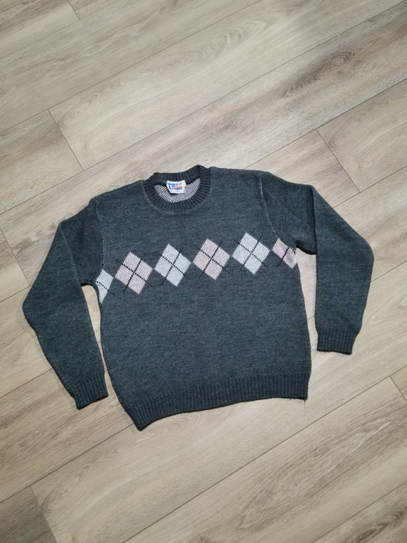 Vintage 80s Argyle Sweater | Grey Argyle Sweater … - image 4