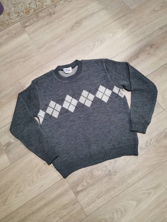 Vintage 80s Argyle Sweater | Grey Argyle Sweater … - image 1