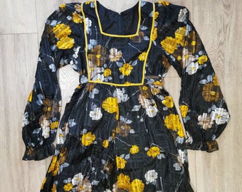 Vintage Pantel Montreal Dress -60's early 70's Dress - Vintage Floral Print Maxi Dress - Black Yellow Brown Flower Print - Gunne Sax Style