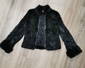 Blouson aviateur vintage des années 80 en fourrure de lapin noir - petite taille
