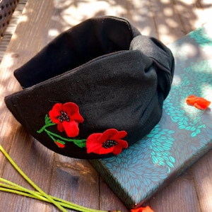 Black linen headband with poppies, embroidered headband, elegant headband, poppy headband