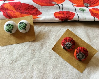 Poppy stud earrings, Cotton fabric covered earrings, Stud earrings