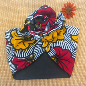Banda de turbante moldeable en cera de algodón, patrón de flores de matrimonio, color rojo y mostaza imagen 2