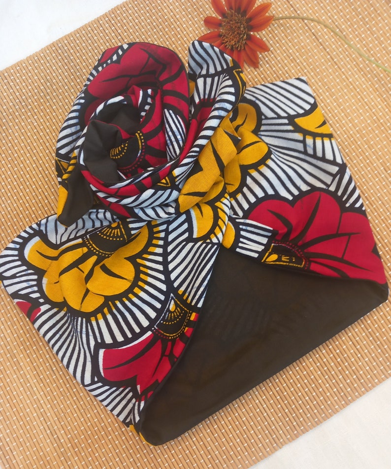 Banda de turbante moldeable en cera de algodón, patrón de flores de matrimonio, color rojo y mostaza imagen 5