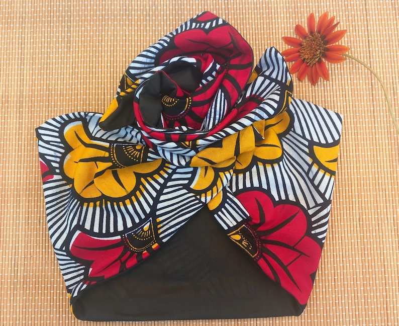 Banda de turbante moldeable en cera de algodón, patrón de flores de matrimonio, color rojo y mostaza imagen 1
