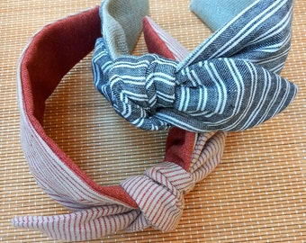 Bandeau avec noeud latéral amovible, bandeau rayé, bandeau en lin rayé