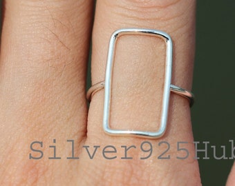 Mother day Sale, 925 Silver Ring, Long geometric Ring, Open Rectangle Ring, Silver Thin Ring, Everyday Ring, Silver Open Ring, Women Ring