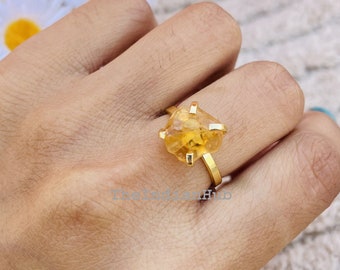 Raw Citrine Ring, Citrine Silver Ring, 925 Silver Ring, Raw Stone Ring, Women Ring, Prong Gemstone Ring, Birthstone Rough Ring, Gold Ring